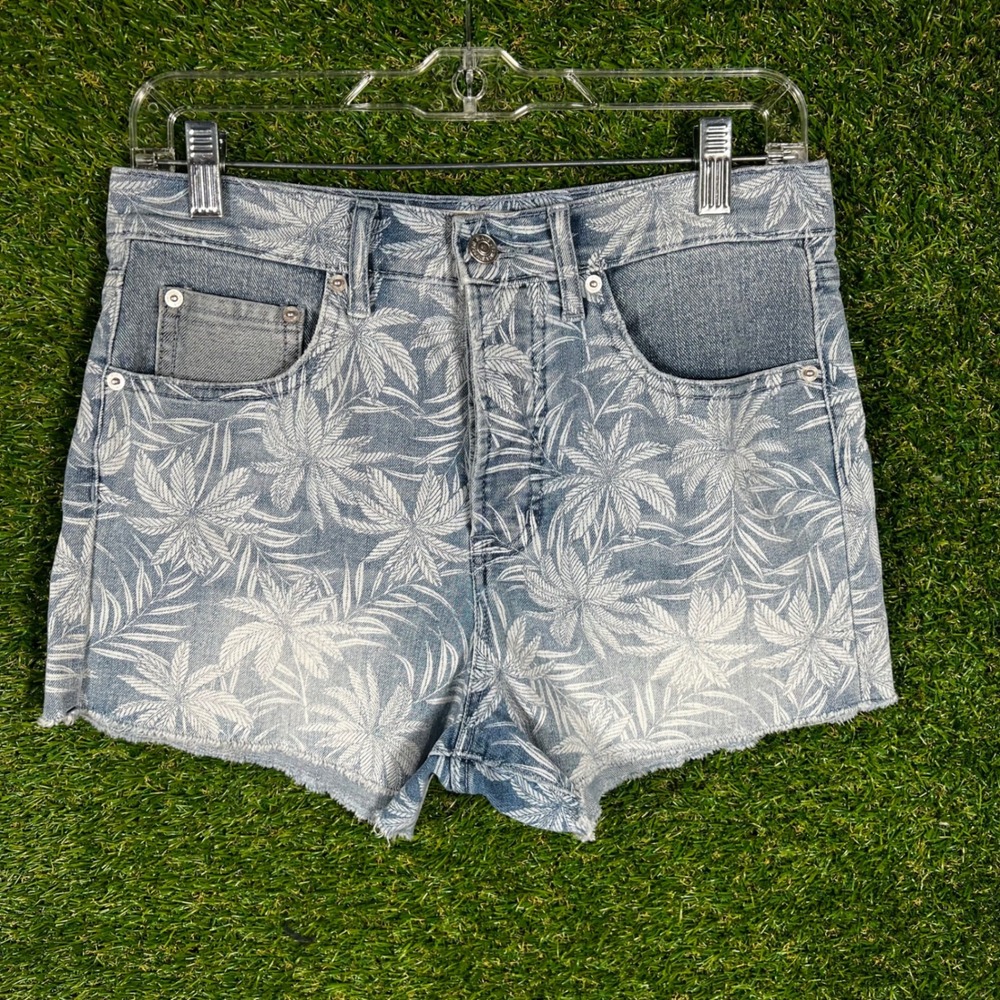 Jessica Simpson Palm Leaf Print Denim Shorts Blue White Raw Hem Size 28 Tropical
